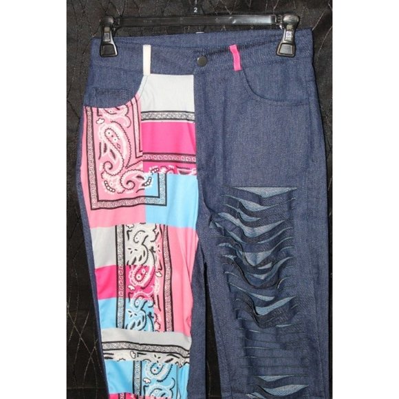Women's Multi-Colored Bandana Patched Dark Blue Jeans With Pre Cut Rips Size: S - Picture 2 of 9